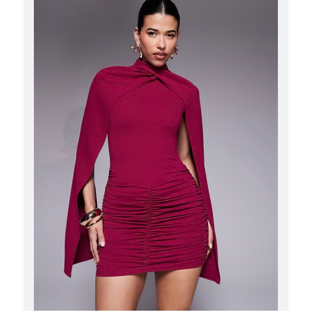Ruched & Ready Crossover High Neck Open Cape Sleeve Mini Dress–‎ Size Medium